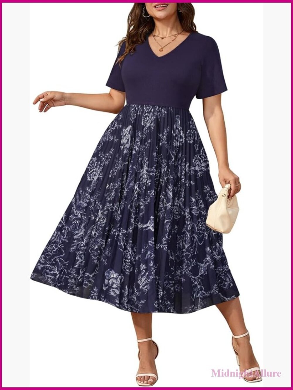 Plus Size Short Sleeve V Neck Patchwork Midi Dress with Pockets